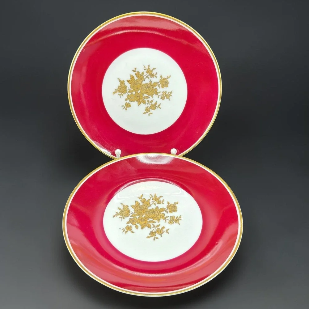 Lichte Fine China Riga Salad Plates Set 4 Red Gold Floral Germany 7 inch Vintage